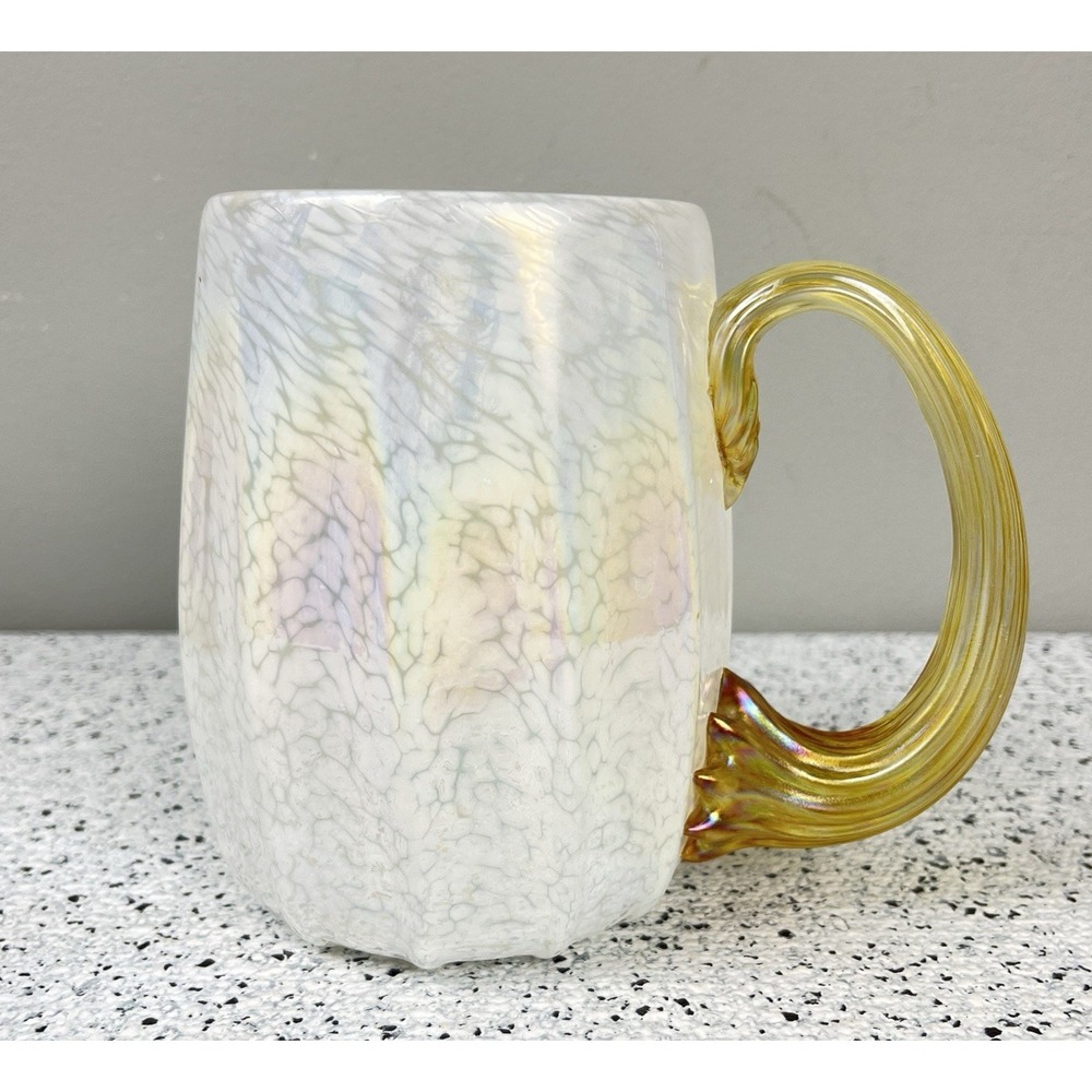 Hand Blown Artisan White Iridescent Art Glass‎ Mug 18oz Handmade